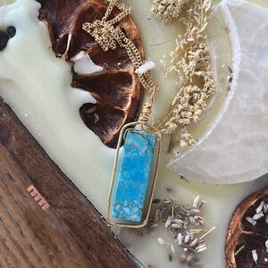 Turquoise Pendant Necklace Gold Wrap Long Chain 18"